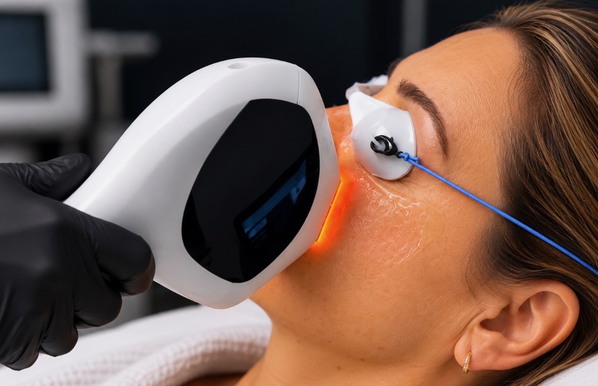 A patient receives an IPL treatment with protective eye shields