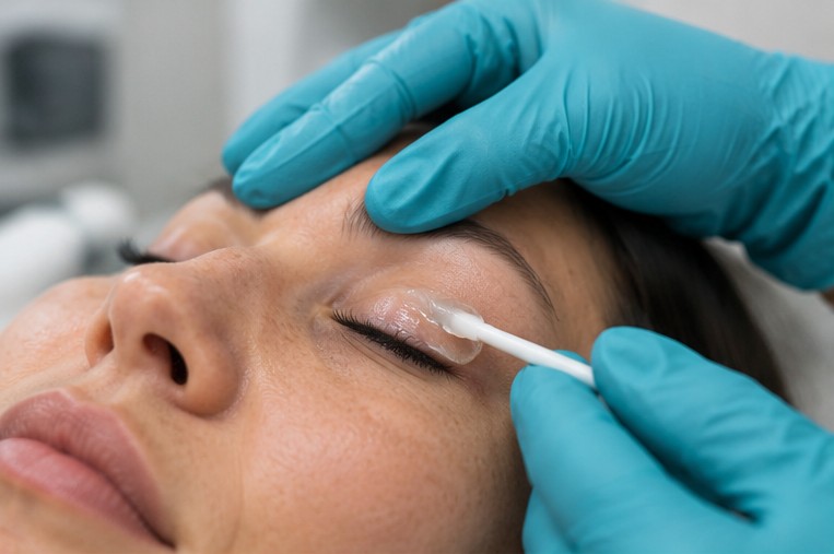 A clinician gently cleans a patient’s eyelid margin with a treatment swab